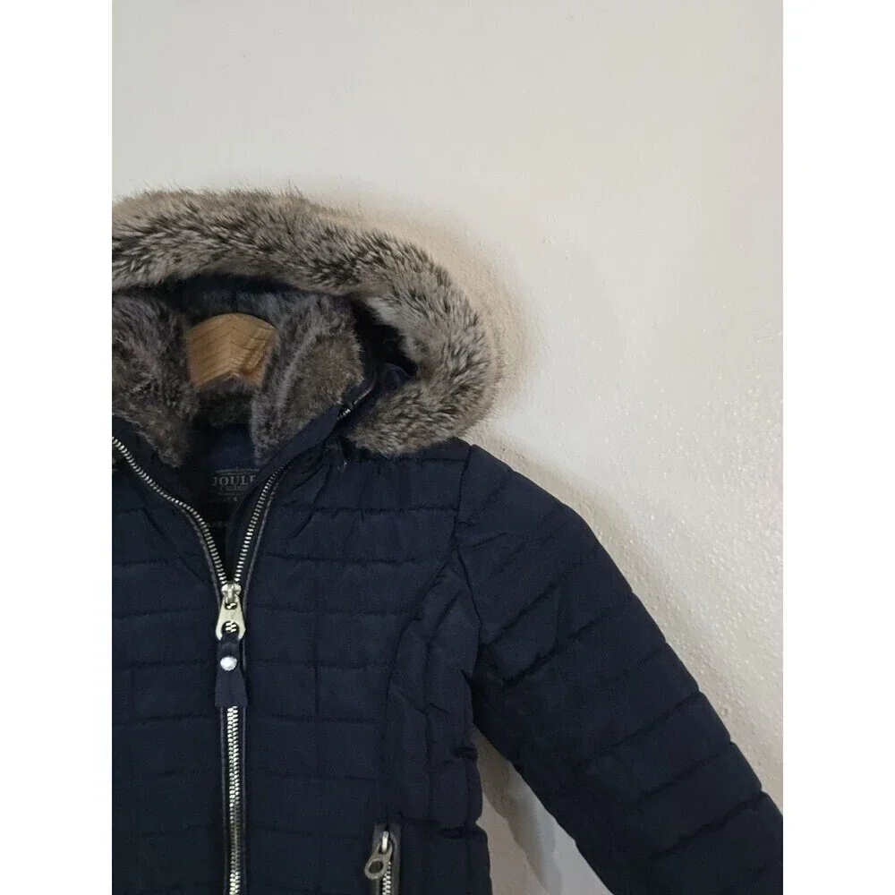 Joules Kids Navy Quilted Puffer Jacket Faux Fur Hood Size 4 Years